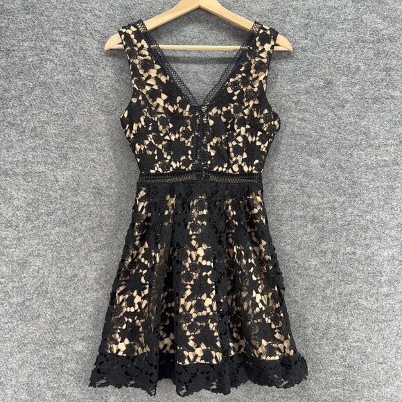 Alya Dresses & Skirts - Alya Dress Women XS Black Floral Sheath Midi Crochet V-Neck Sleeveless Zipper